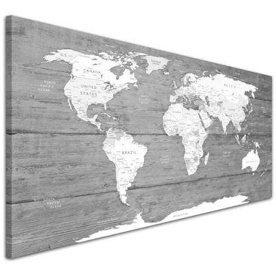 Image of Wallfillers Grey White Map of World Atlas Canvas Wall Art Print Modern 1315 118x49cm