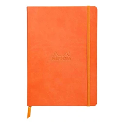 Image of RHODIA 117464C Tangerine Soft Notebook A5 Dotted Dot 160 pages Clairefontaine Ivory Paper 90 g/m Bookmark, Elastic Closure Faux Leather Cover Rhodiarama Collection
