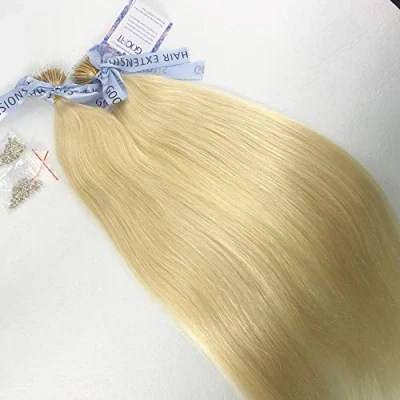Image of GOOFIT Nano Tip Hair Extensions Beads Human Remy Ring 1g/s, 50s/pack (20&quot; #613 Bleach Blonde)