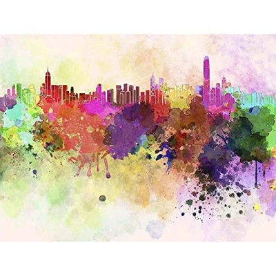 Image of Wee Blue Coo Painting Abstract Cityscape Hong Kong Paint Splash Skyline Art Print Poster Wall Decor 12X16 Inch