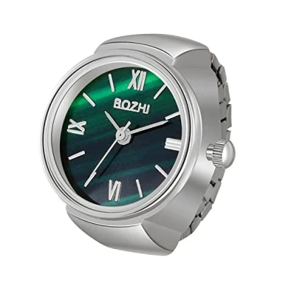 Image of JewelryWe Men Women Finger Watches Set Gold/Silver Plated Elastic Watch Rings Green Dial Quartz Ring