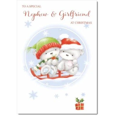 Image of doodlecards Nephew and Girlfriend Christmas Card Cute Bears on Sled Medium Size for &amp; with Plain Envelope