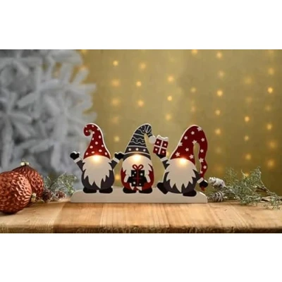 Image of Festive Wooden Light up Trio of Christmas Gonks Shelf Decoration 28cm