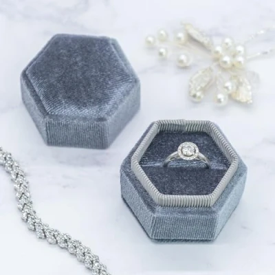Image of TRIXES Grey Velvet Ring Box Jewellery Boxes for Engagement Proposal Wedding Gift Display Case with Padded Interior