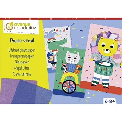 Image of Avenue Mandarine Ref KC136C Creative Kit Stained Glass Paper 5 Pre Cut Animal Cards, Sheets of Paper, Envelopes Included, Suitable for Ages 6 8+