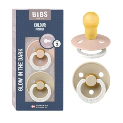 Image of BIBS Colour Night Soother 2 Pack, BPA Free Dummy Pacifier, Round Nipple. Natural Rubber Latex, Size 3 (18+ Months), Blush Night/Vanilla