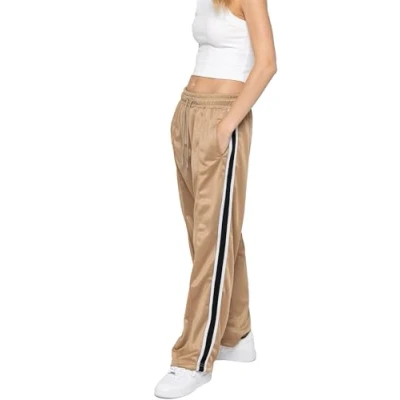 Image of 989Zé ENZO Womens Sweatpants Straight Wide Leg Stripes Casual Yoga Running Bottoms Trousers with Pockets EZLJG639 Jogger Beige M