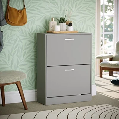 Image of Vida Designs 2 Drawer Shoe Cabinet Cupboard Storage Pull Down Organisation Organiser Wooden Furniture Unit (Grey)