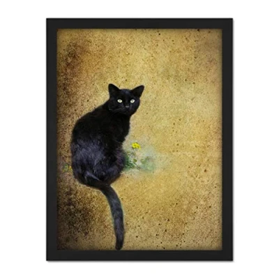 Image of Wee Blue Coo Black Cat Yellow Flower Artwork Framed Wall Art Print 18X24 Inch