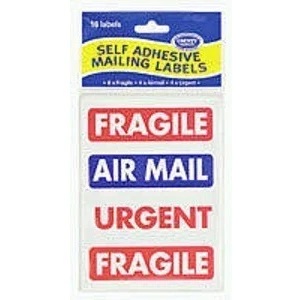 Image of MAILING LABELS 16 SELF ADHESIVE 95MM X 30MM 8 FRAGILE 4 AIRMAIL URGENT