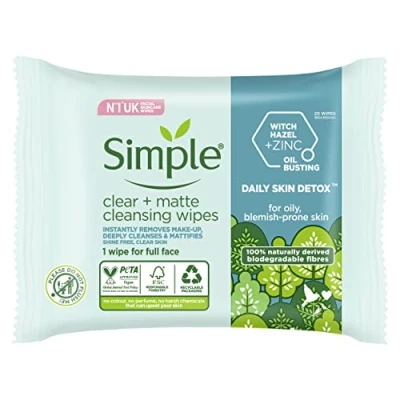 Image of Simple Daily skin Detox Clear + Matte Biodegradable wipes with vitamin B3 cleansing make up remover for oily 20