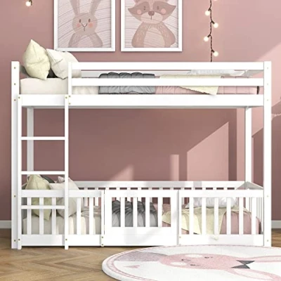Image of Merax Bunk Bed for Kids, 3FT Toddler with Fences and Door, Children&#039;s Cabin Fall Protection Railings, Solid Wood Loft Bed, No Mattresses, White (190x90cm)