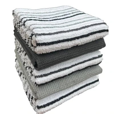 Image of Olivia Rocco 5 Pack Striped Kitchen Tea Towels Cotton Super Absorbent Quick Drying Soft Ribbed Waffle Pot Towel, Silver