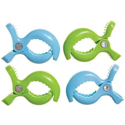 Image of Dreambaby Strollerbuddy Baby Stroller Pram Clips Strong &amp; Wide Grip Hold Pegs for Pushchairs blakets Shades 4 Pack Blue/Green Model F2219