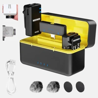 Image of NEEWER Wireless Microphone Kit for iPhone 15 Series Android Phone, Noise Cancelling Lapel Lavalier with Type C Receiver &amp; Charging Case, Clip on Mini Lav Mic Video Recording, KM15