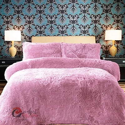 Image of Comfort Collections Fleece Duvet Quilt Cover Teddy Bedding Set With Matching Pillowcase Warm and Cosy Pink Single 135cm x 200cm Approximate