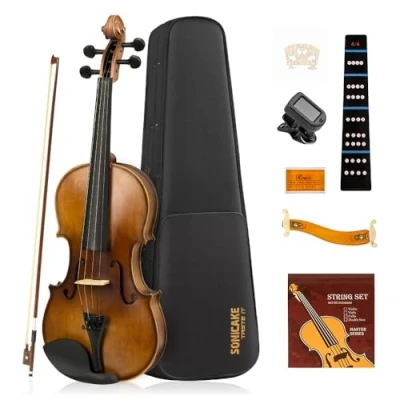 Image of SONICAKE Violin 4/4 Set Full Size Fiddle Solidwood for Adults with Hard Case, Shoulder Rest, Rosin, Bows, Clip on Tuner and Extra Strings, QVL 01