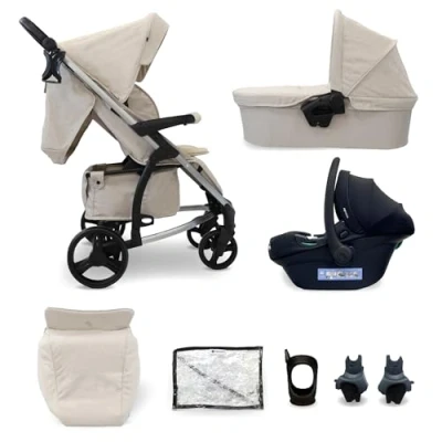 Image of My Babiie MB200i 3 in 1 Travel System Baby Pushchair, Carrycot, Infant Car Seat (R129 i Size), Foldable, Includes Footmuff, Rain Cover, from Birth to 22kg (4 Years Approx.) Oatmeal