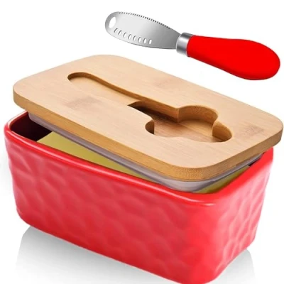 Image of Ceramic Butter Dish with Lid and Knife Porcelain Container Cutter Easy Spread Kitchen Accessories Tableware (Red)
