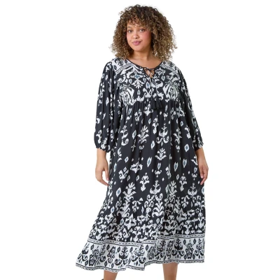 Image of Roman Curve Boho Print Tiered Midi Dress for Women UK Ladies Spring Everyday Summer Holiday Round Neckline Comfy 3/4 Sleeve Soft Tie Detail Frock Beach Vacation Gowns Black Size 20