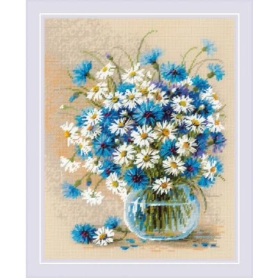 Image of RIOLIS Daisies and Cornflowers 2249, Floral Cross Stitch Kits 9½&quot;x11¾, for Beginners &amp; Advanced, Crossstitching Adult, Counted Stitching Kits, Embroidery Kit
