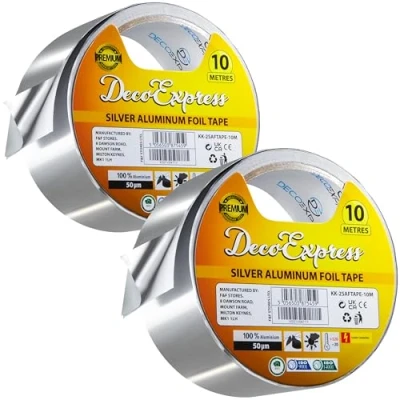 Image of DECO EXPRESS Aluminium Foil Tape Adhesive Insulating Sealer 4.5cm x 10m/25m/50m Heat Resistant Waterproof Insulation (10 M, 2 Pcs)