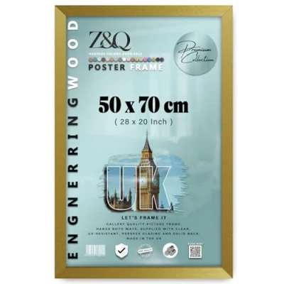 Image of Z&amp;Q Wall Mounted Poster Picture Frame Gold 50 x 70 cm Display Painting Photo Print With HD Clear Perspex Both Ways Hanging Hooks MDF Wood 30x15mm Moulding