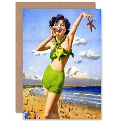 Image of Wee Blue Coo GREETINGS CARD BIRTHDAY GIFT PAINTING BEACH STARFISH SWIMMER WOMAN