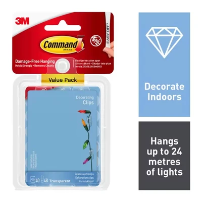 Image of Command Decorating Clips, Value Pack of 40 Mini Hooks and 48 Small Adhesive Strips, Transparent Hanging Clips for Decorations Fairy Lights, Wall Damage Free