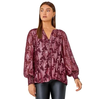 Image of Roman Originals Abstract Metallic Print Blouse for Women UK Ladies Everyday Autumn Winter Notch Neckline Comfy Soft Evening Vacation Work Party Night Out Wine Size 12