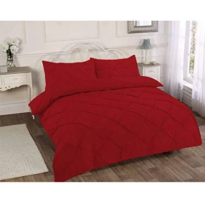 Image of Duvet Cover Set Plain Pintuck Polycotton Bedding (Red, Single)