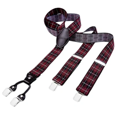 Image of DonDon men suspenders 3,5 cm 1,38&quot; wide 4 clips with brown leather in Y form elastic and length adjustable dark red black squared