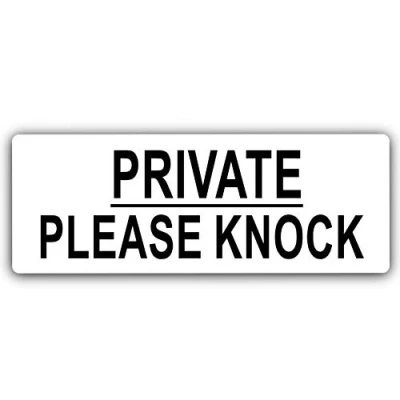 Image of METAL Private Please Knock Sign TEXT ONLY Aluminium WHITE Warning Door Notice Office Shop Warehouse School Cafe