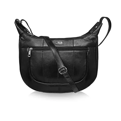 Image of Quenchy London Real Leather Handbag, Ladies Large Single Strap A Cross Body Designer Shoulder Hand Bag with 5 Zipped Pockets, 2 Main Sections, Umbrella Compartment QL174KCH Black