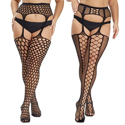 Image of MANZI Women Suspender Tights Plus Size Lace Patterned Garter Stockings Sexy Fishnet Thigh High 2 Pairs