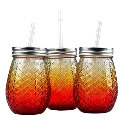 Image of BWG Set Of 3 Glass Pineapple Drinking Mason Jars With Lid &amp; Reusable Straw