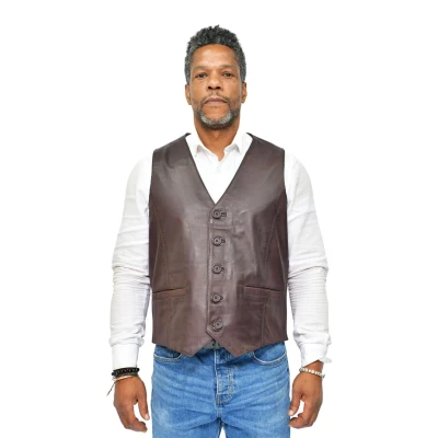 Image of Men&#039;s Classic Smart Conker Brown Leather Waistcoat 5XL