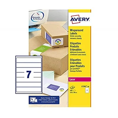 Image of Avery L7202 Printable, Customisable Wraparound Labels, Laser Printers, 7 Labels Per A4 Sheet, 280 White