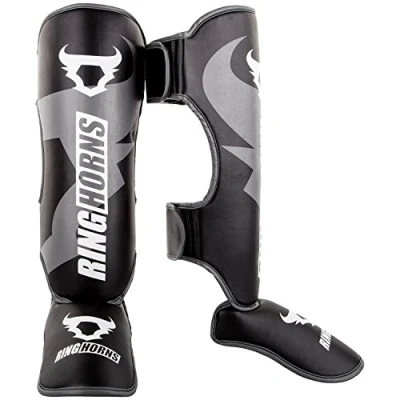 Image of Venum Ringhorns Charger Unisex Adult Boxing Shin Guards, Black, Size XL