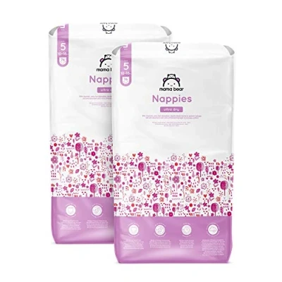 Image of Amazon Brand Mama Bear Ultra Dry Nappies, Size 5 (10 16 kg), 152 Count (2 Packs of 76), White, Monthly Pack