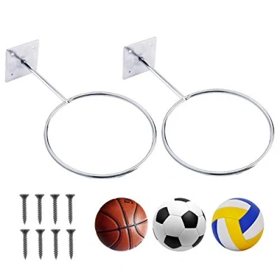 Image of MYCreator Wall mounted Basketball Rack, Metal Sports Ball Holder Storage Rack Mount Display Stand for Basketballs, Soccer Ball, Football, Volleyball Screws Include (2 PACK)