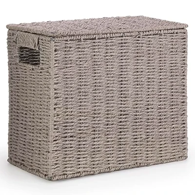 Image of EHC Multi Purpose Handwoven Slimline Paper Rope Bathroom Storage Unit, Toilet Roll Cabinet, Compact Box, Cleaning Caddy With Inbuilt Handles &amp; Lid, Grey, 35 x 18 30 cm