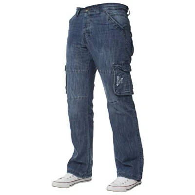 Image of ENZO Mens Designer Cargo Combat Jeans Denim Pants All Waist Sizes (40W x 30L, Mid Stonewash)