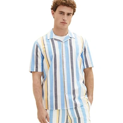 Image of TOM TAILOR Men&#039;s 1036217 Comfort Fit Short Sleeve Striped Shirt, 31778 Blue Multicolor Big, M