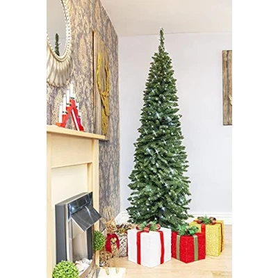 Image of SHATCHI 4Ft 8Ft Pre Lit Artificial Slim Christmas Pencil Tree Holiday Home Decorations, Pointed Tips, Warm Multicolour LEDs and Metal Stand, Green W/Cool White, 7Ft