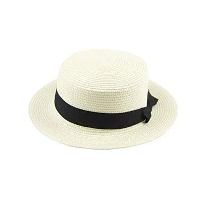 Image of ACVIP Women&#039;s Solid Color Straw Boater Hat with Bow Band (Cream)