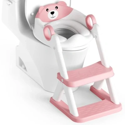 Image of Rabb 1st Bear Potty Training Seat, Upgrade 2 in 1 Toddler Toilet Seat,Splash Guard Anti Slip Pad Step Stool,Pink