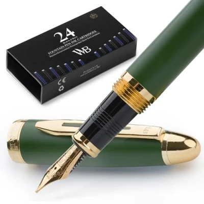 Image of Wordsworth &amp; Black Majesti Fountain Pen (Green), Luxury Case, 24K Gold Finish; 18K Gilded Medium Nib Ink Cartridges, Refillable Converter Calligraphy Best Business Gift Set for Men Women
