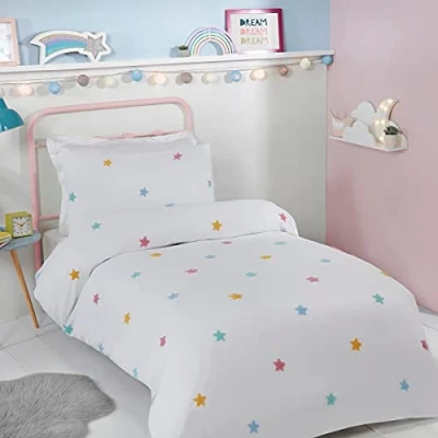 Image of Sleepdown Tufted 3D Stars White Multicolour Kids Boys Girls Childrens Soft Cosy Easy Care Duvet Cover Quilt Bedding Set with Matching Pillowcases Double (200cm x 200cm), Polyester