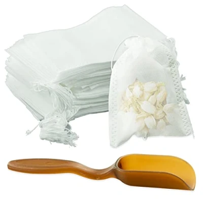 Image of 200 Pcs Disposable Tea Filter Bags, 6.94x9.05cm Drawstring Seal Bags Empty Infusers with Plastic Shovel for Loose and Coffee, White, 2.73 x 3.56 inch